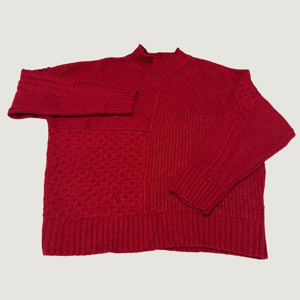 American Eagle Red Patchwork Cable Knit Mock Neck Oversized Sweater Large L